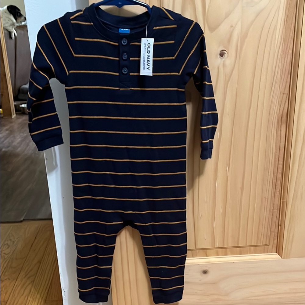 Old Navy Blue and Orange Striped Footie One Piece